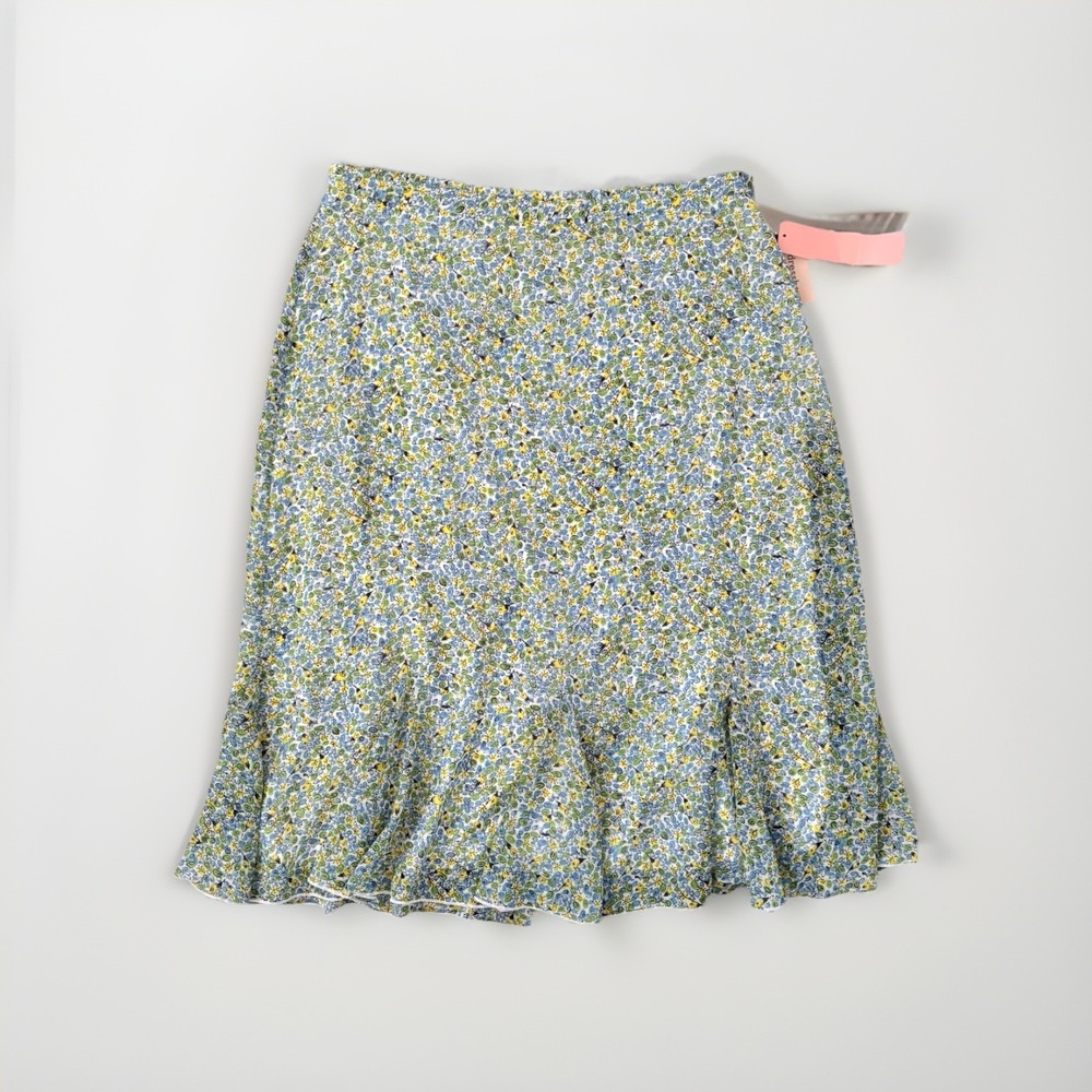 Vtg Ditsy Floral Midi Skirt - Blue & Yellow A-Line Ruffle Hem Fairy‎ NWT Size 10